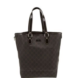 GUCCI GG Supreme Black/Brown Coated Canvas & Leather Medium Tote Handbag Purse